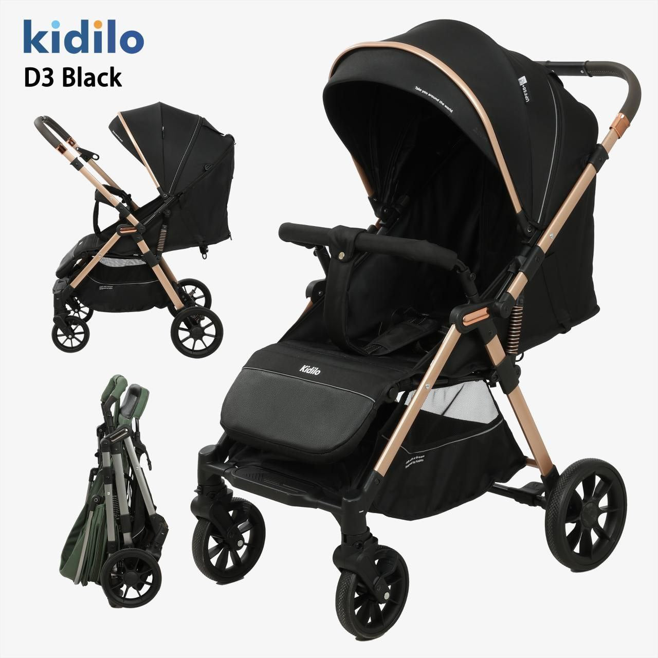Kidilo Stroller D3 | عربية بيبي كيديلو ذراع قلاب يد ترولي مستويات ظهر اتوماتيك